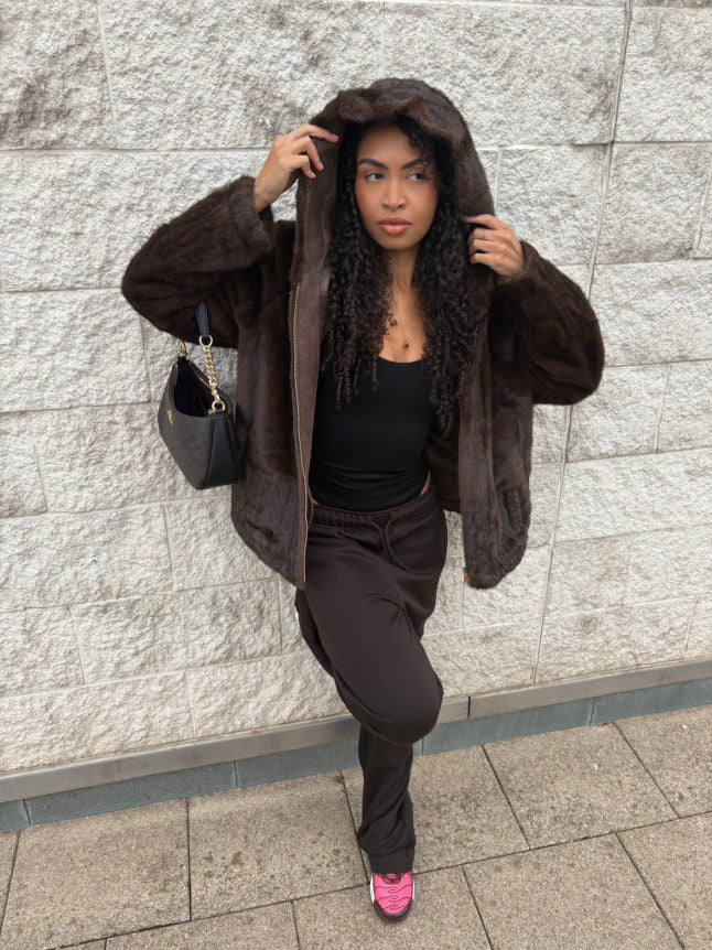 Faux Fur Zip Up Jacket with Hood - Chocolate