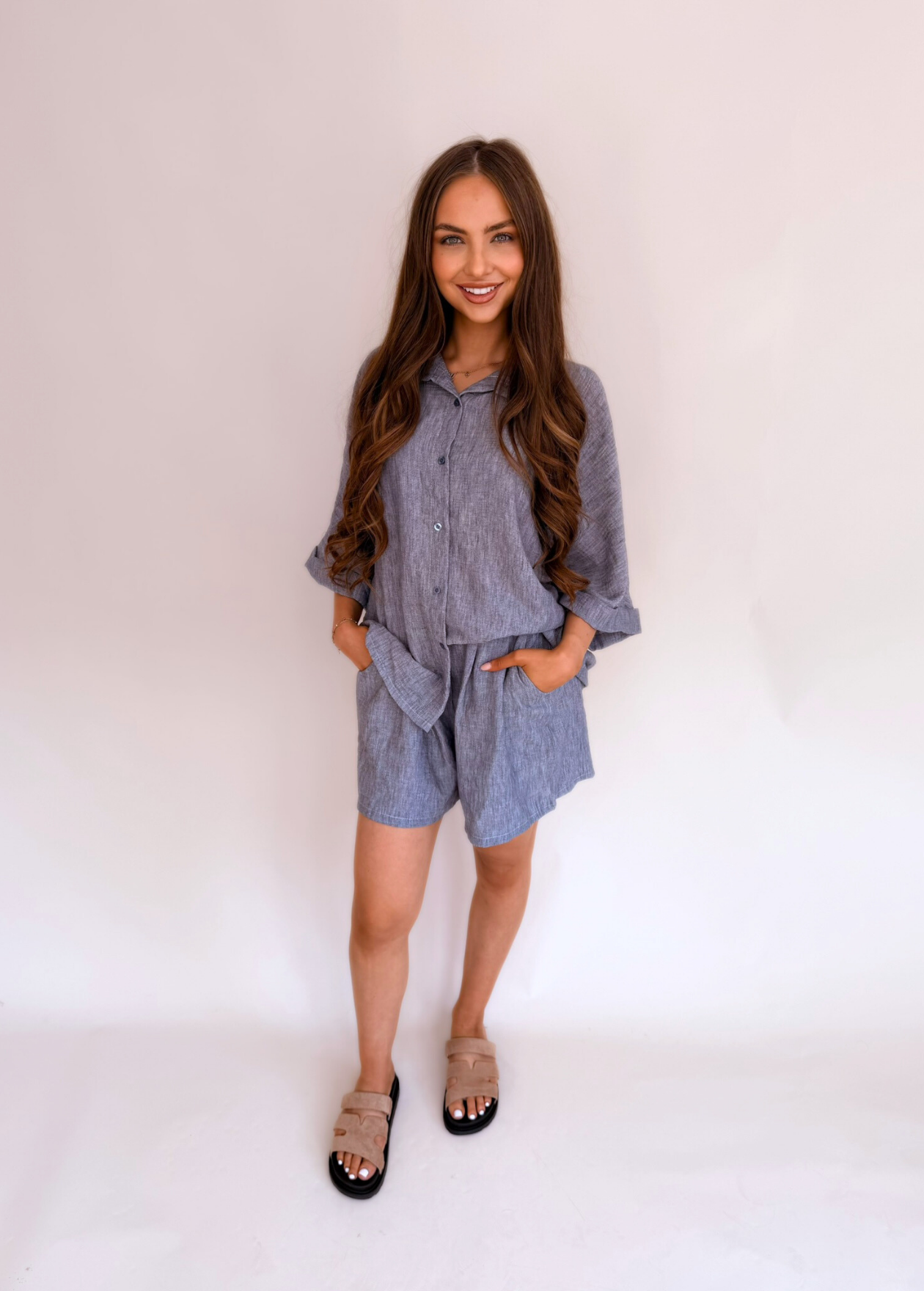 Linen Style Shorts - Denim Blue