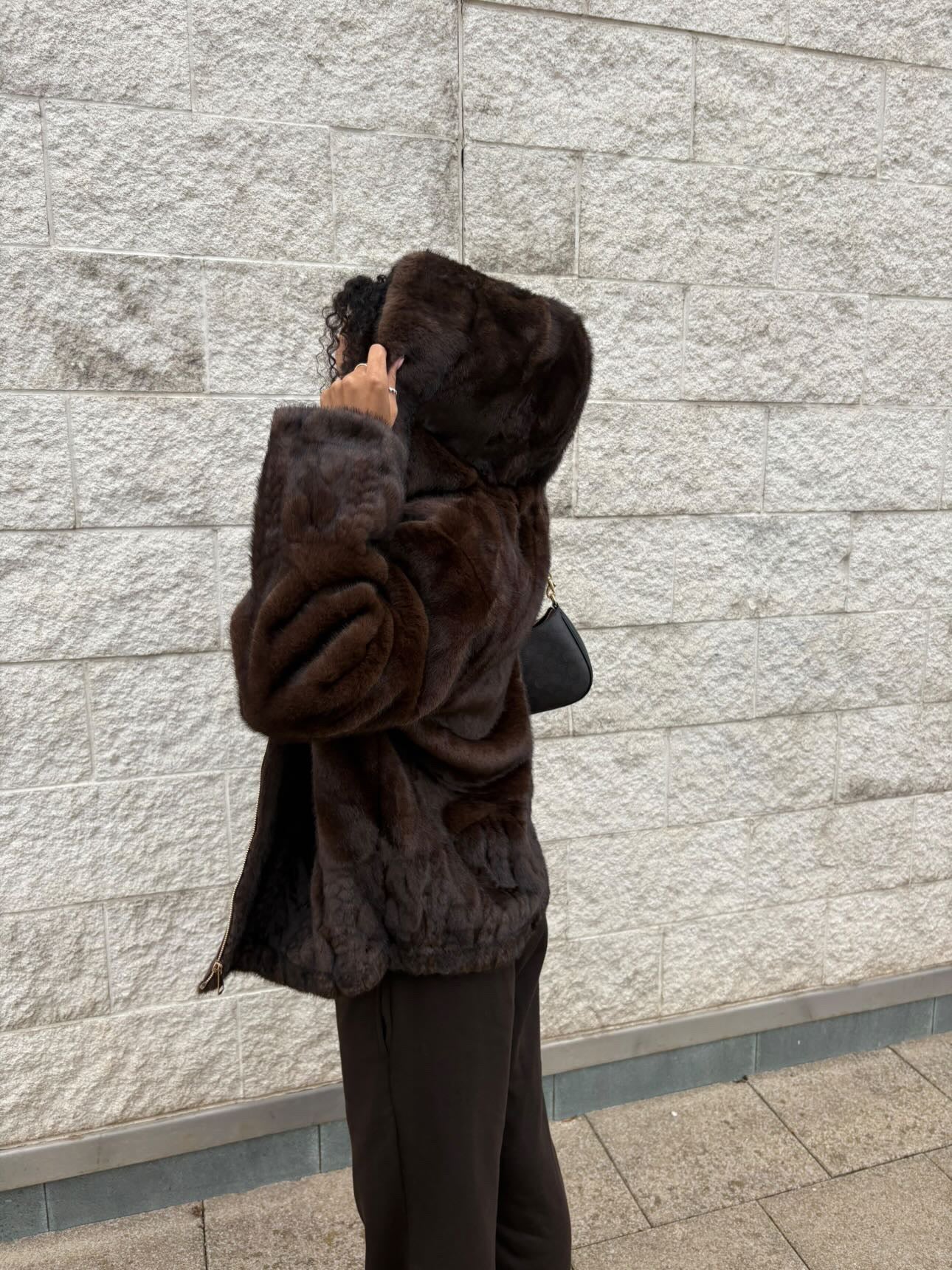 Faux Fur Zip Up Jacket with Hood - Chocolate