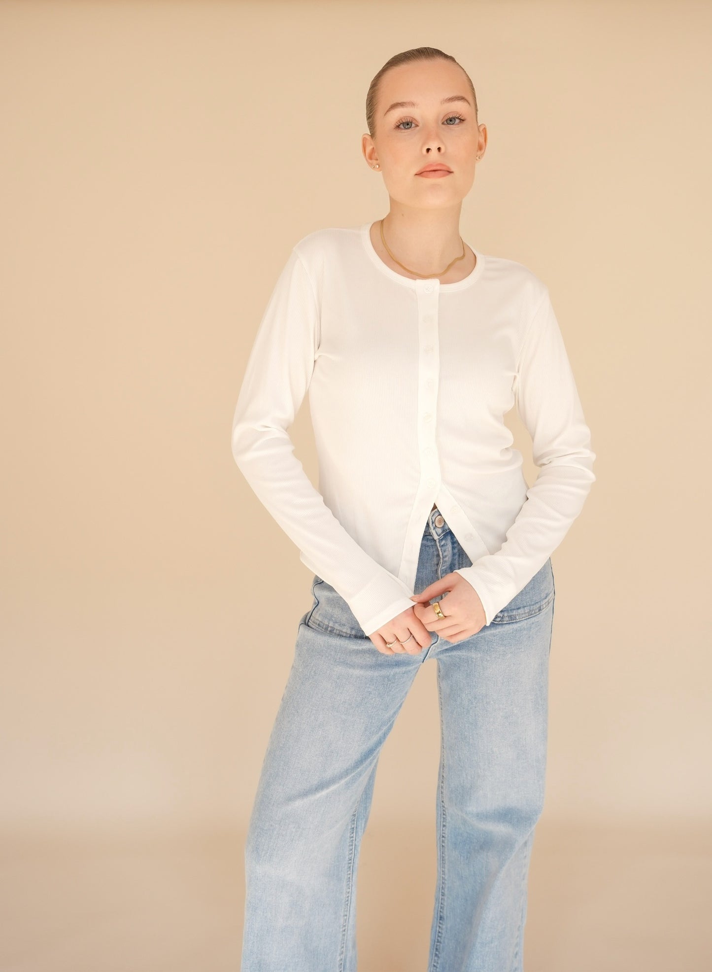 OTC Basics - White Crew Neck Cardigan Top