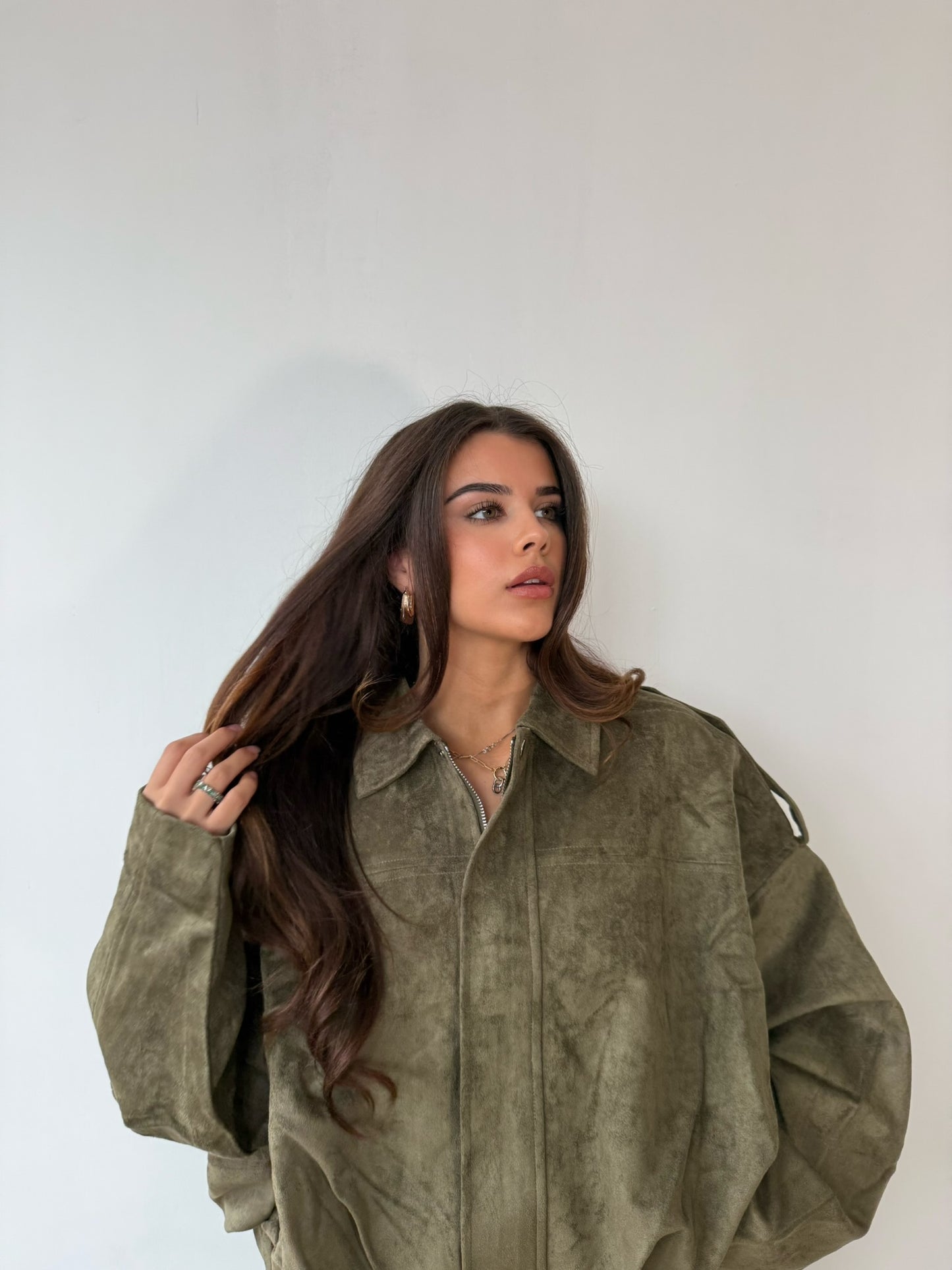 Suede Style Bomber Jacket - Khaki
