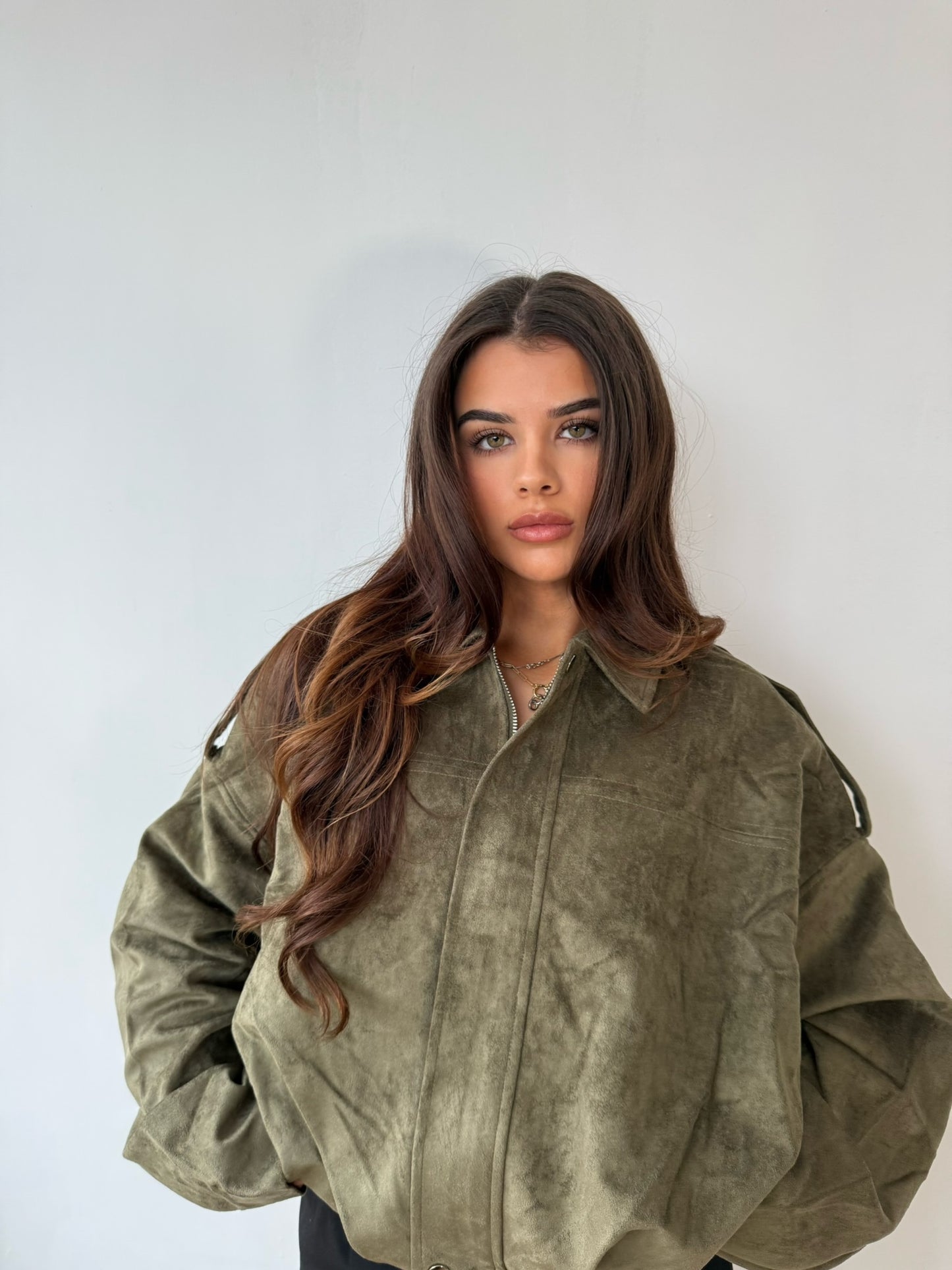 Suede Style Bomber Jacket - Khaki