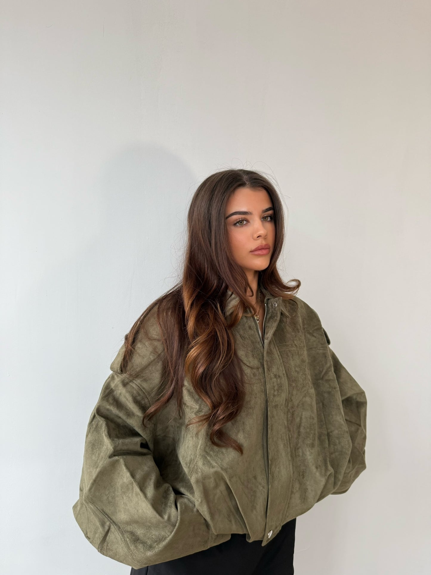 Suede Style Bomber Jacket - Khaki