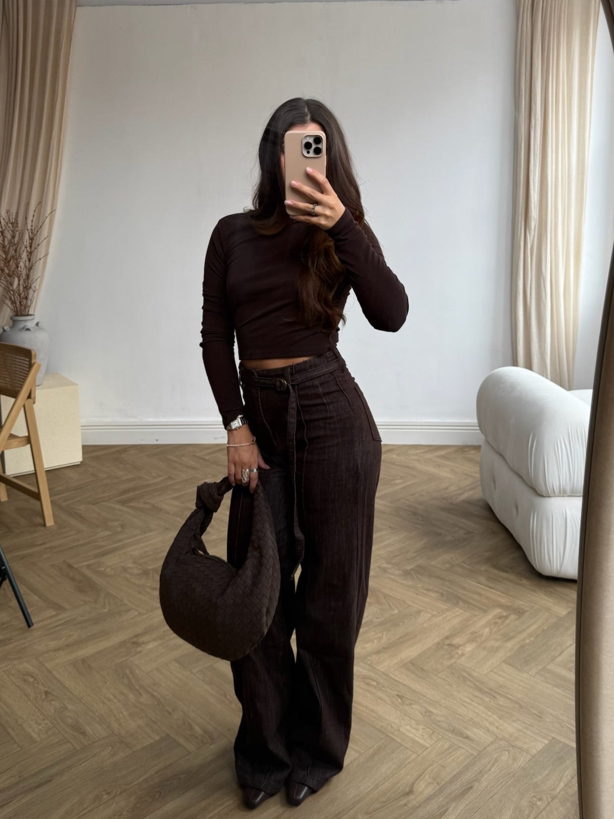 Long Sleeve Fine Knit Top - Chocolate