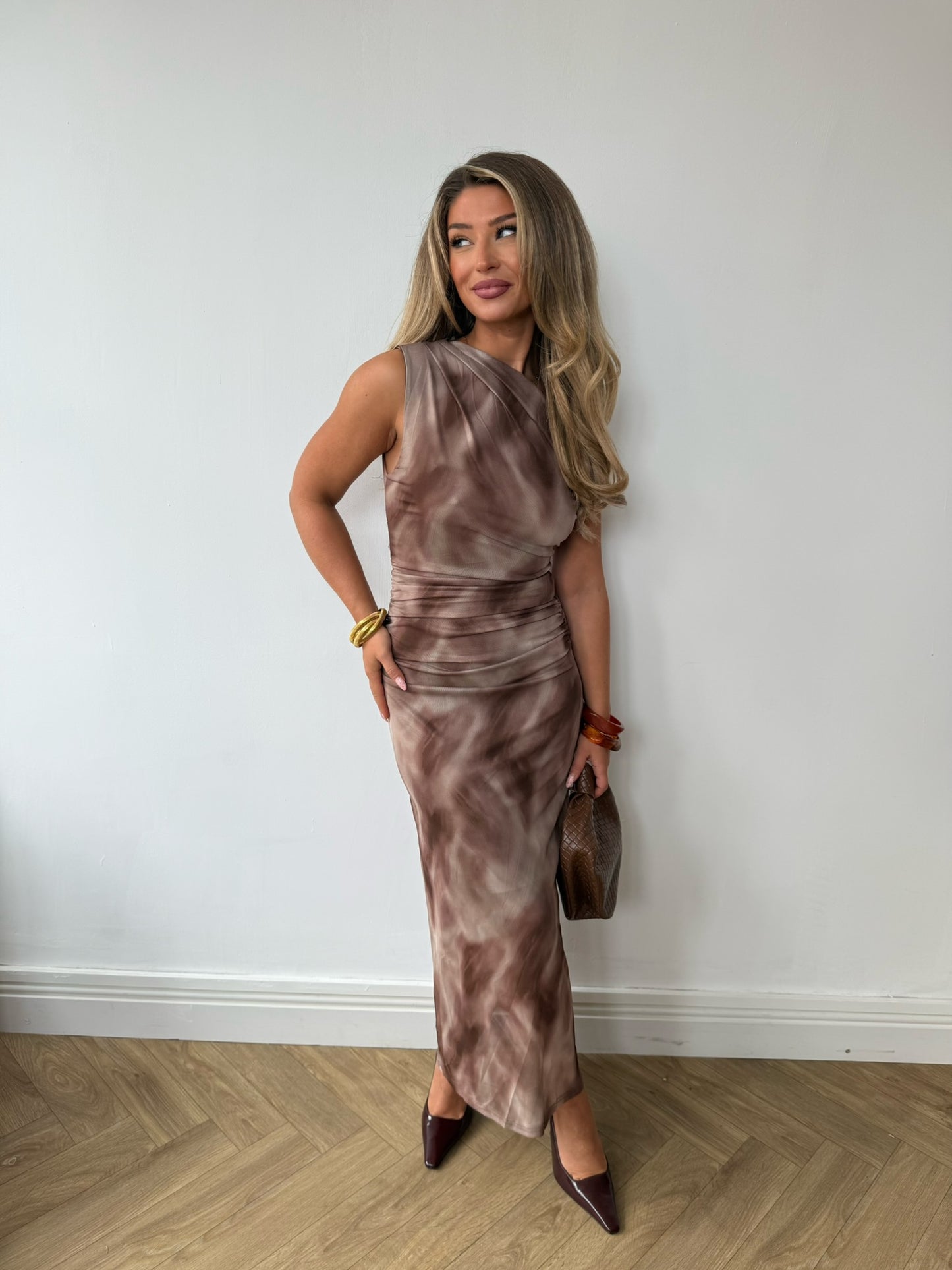 Marble Ruched Dress - Mocha
