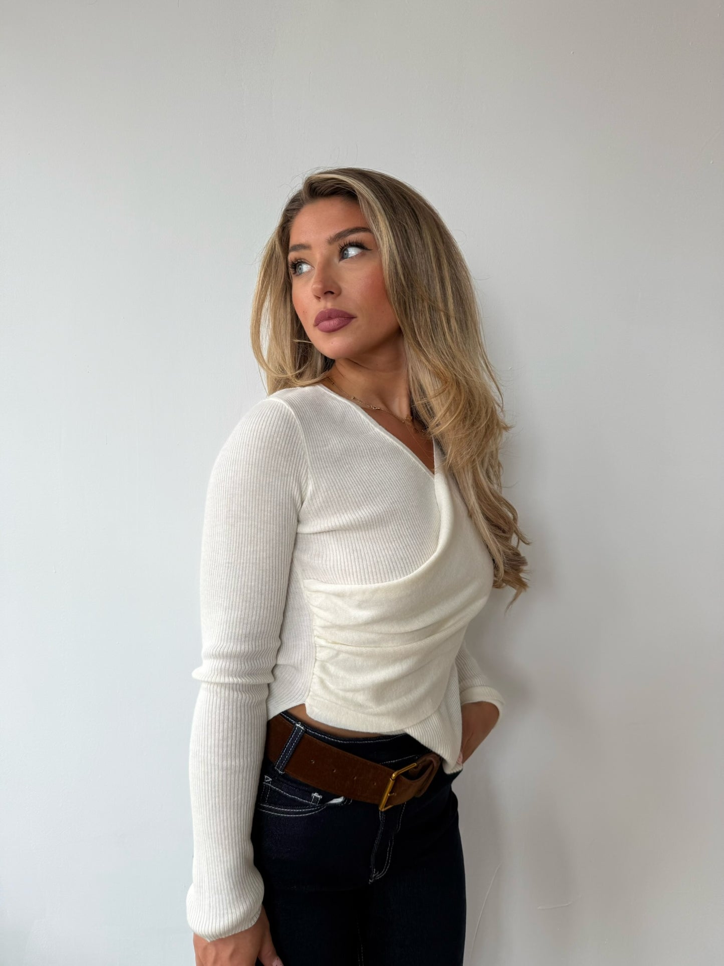 Wrap Knit Long Sleeve Top - Ecru