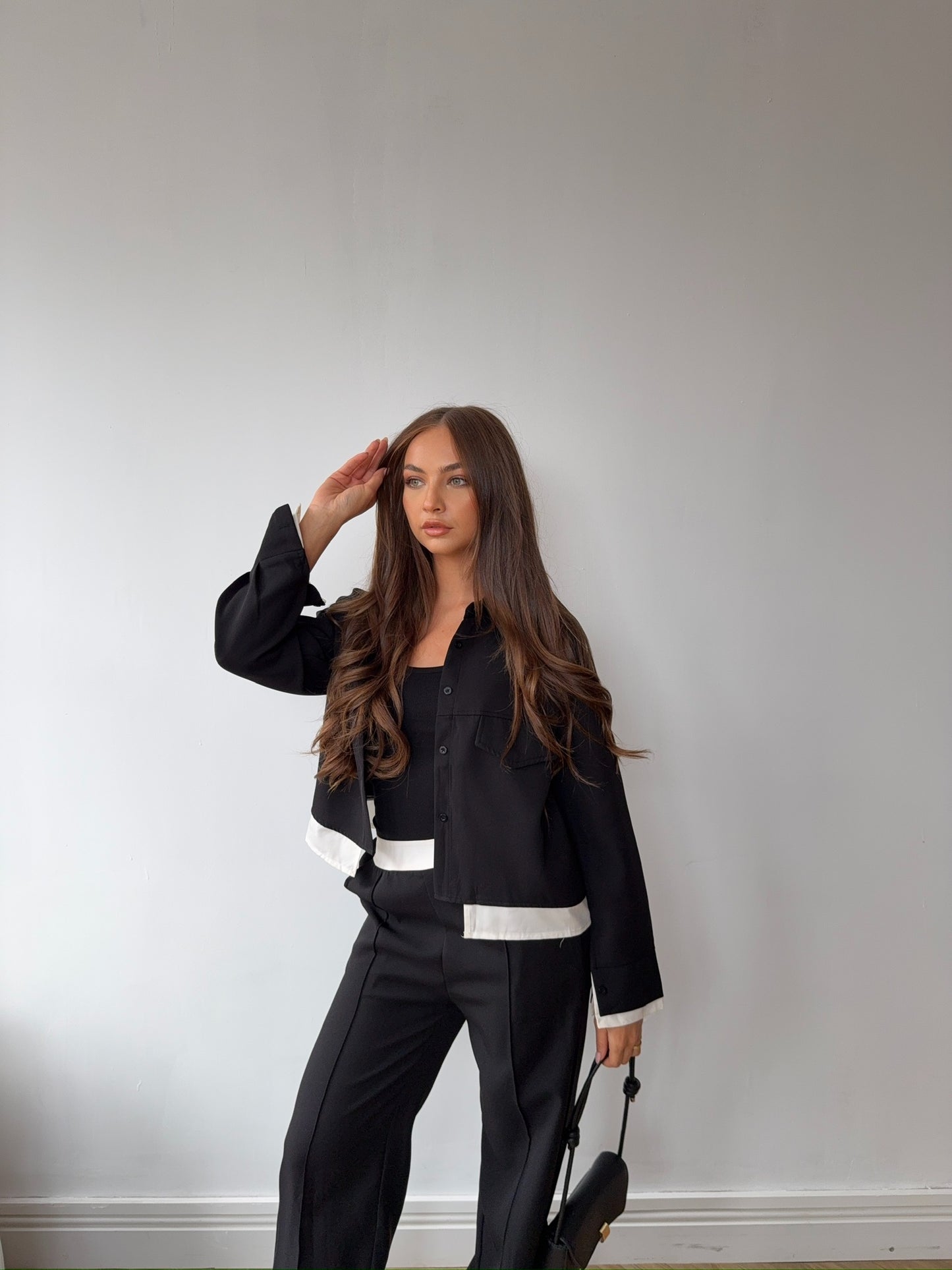 Shirt & Trouser Set with Contrast Trim - Black/White