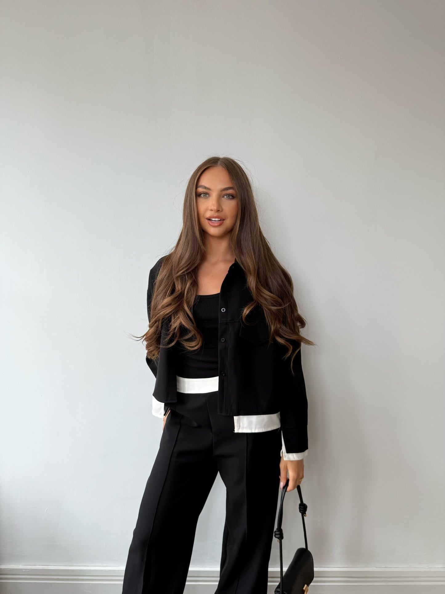 Shirt & Trouser Set with Contrast Trim - Black/White