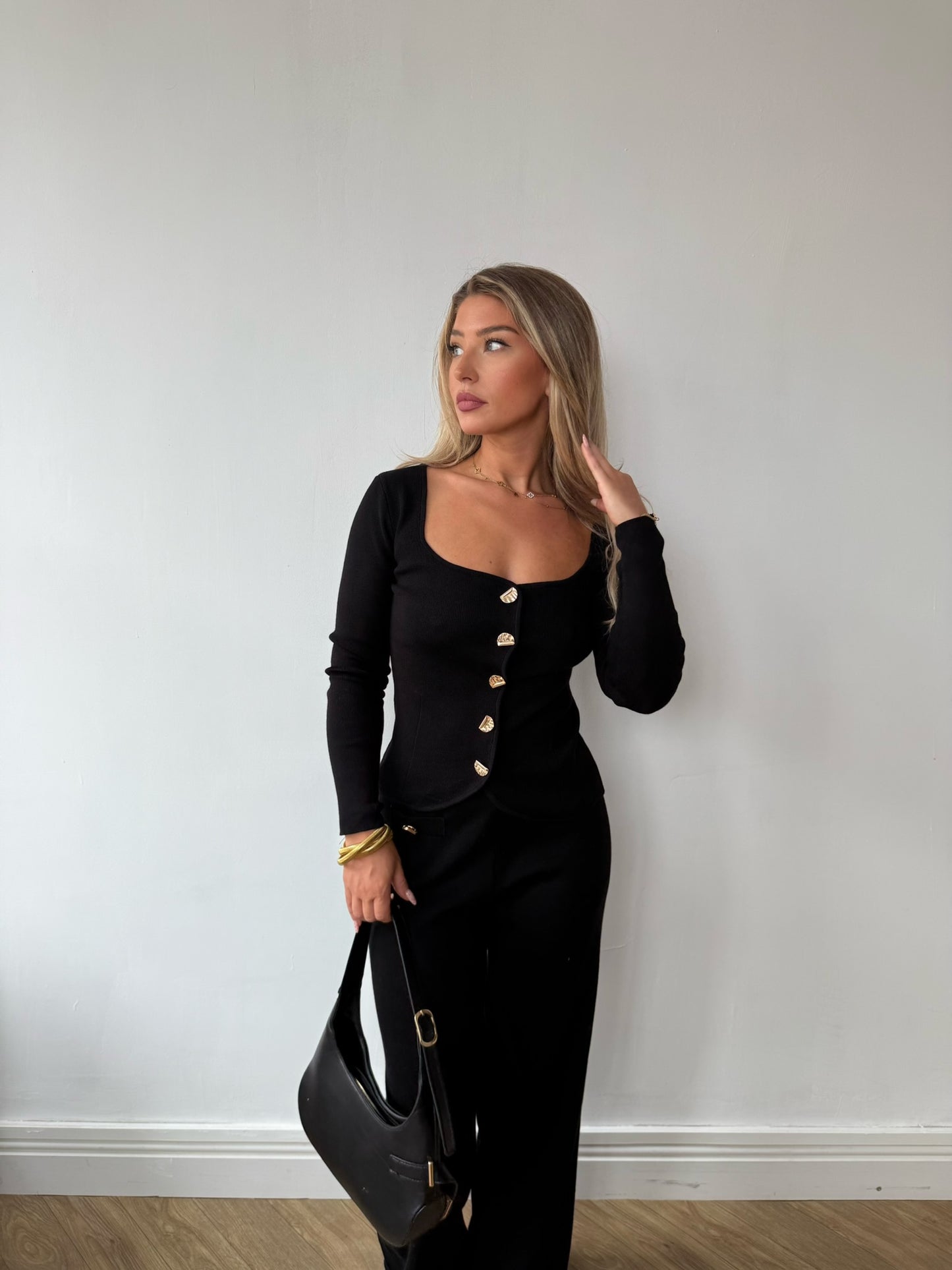 Knit Long Sleeve Top with Button Detail - Black