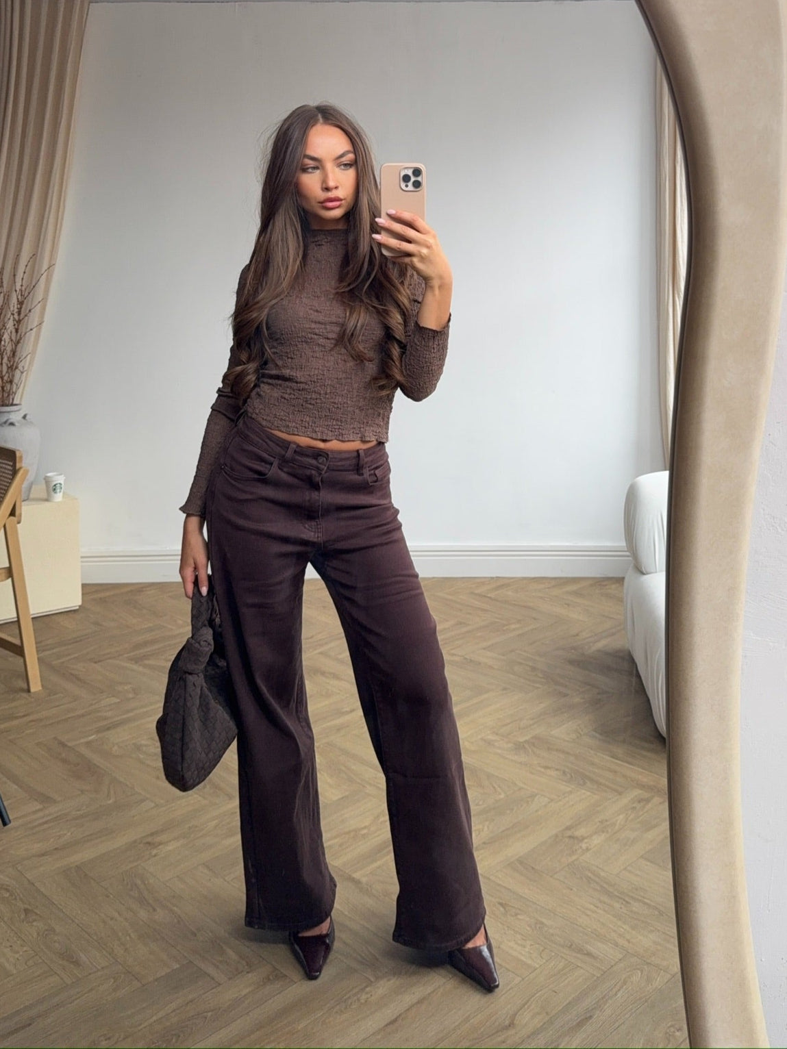 Crinkle Long Sleeve Top - Chocolate