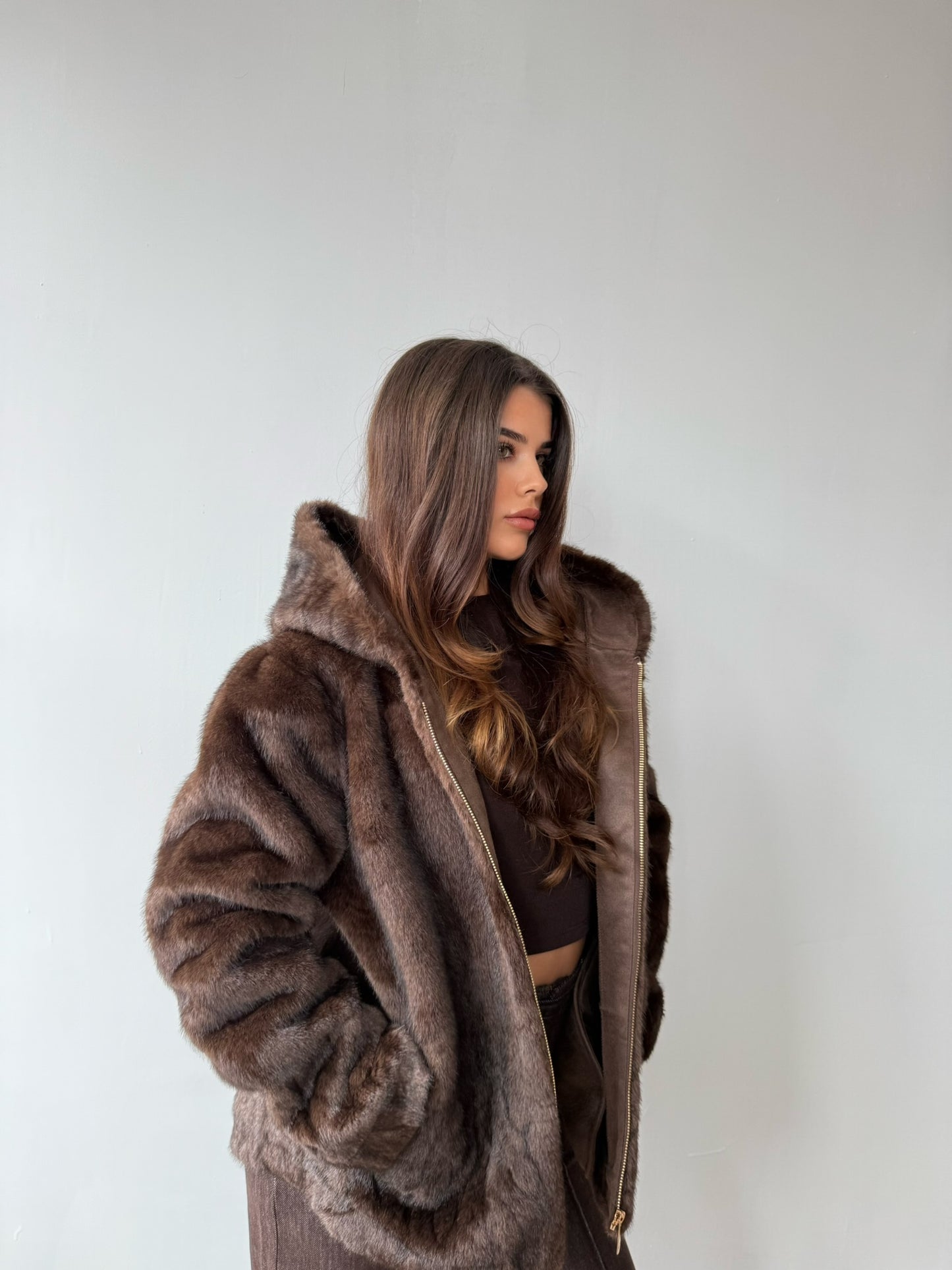 Faux Fur Zip Up Jacket with Hood - Chocolate