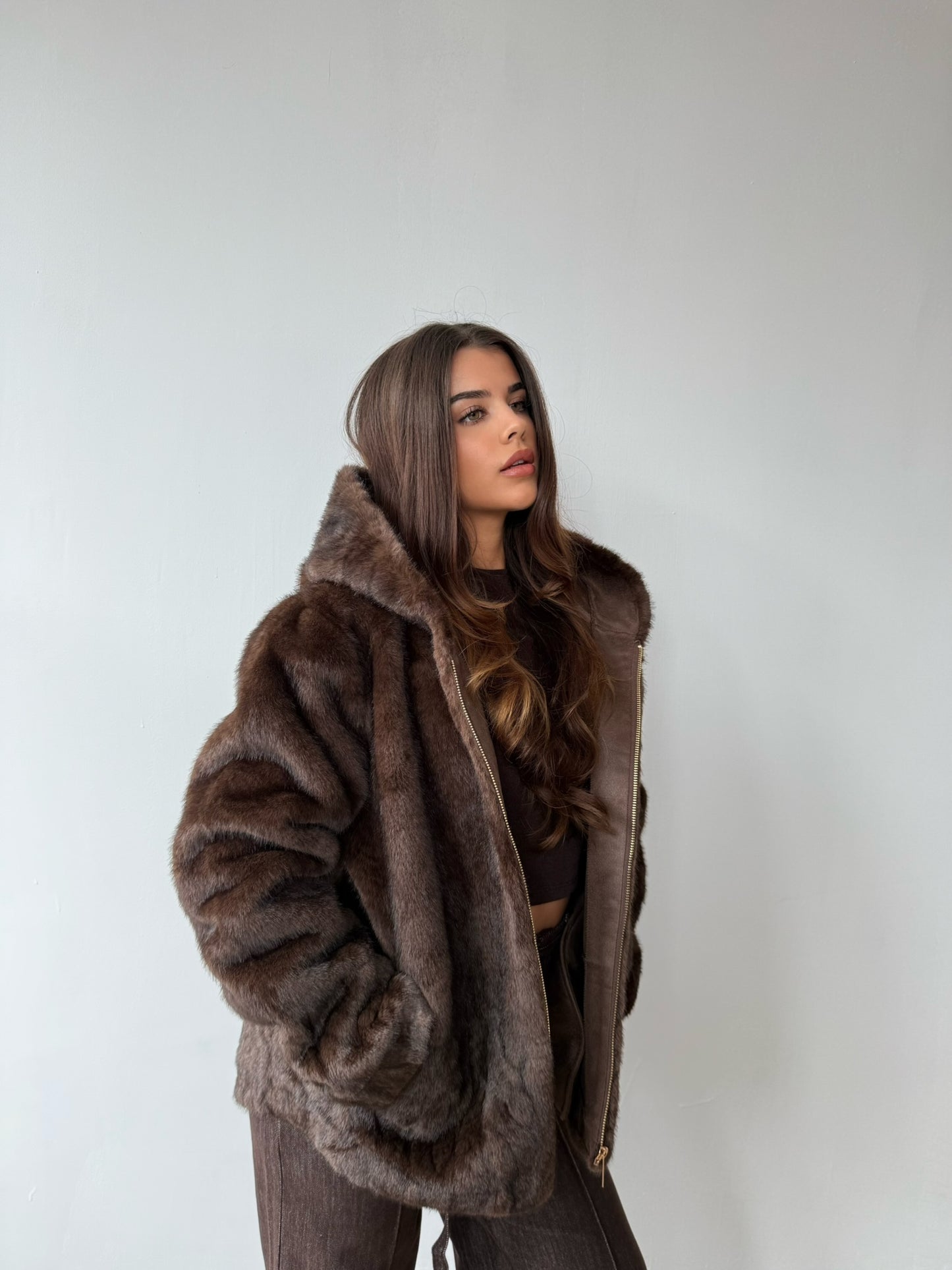 Faux Fur Zip Up Jacket with Hood - Chocolate