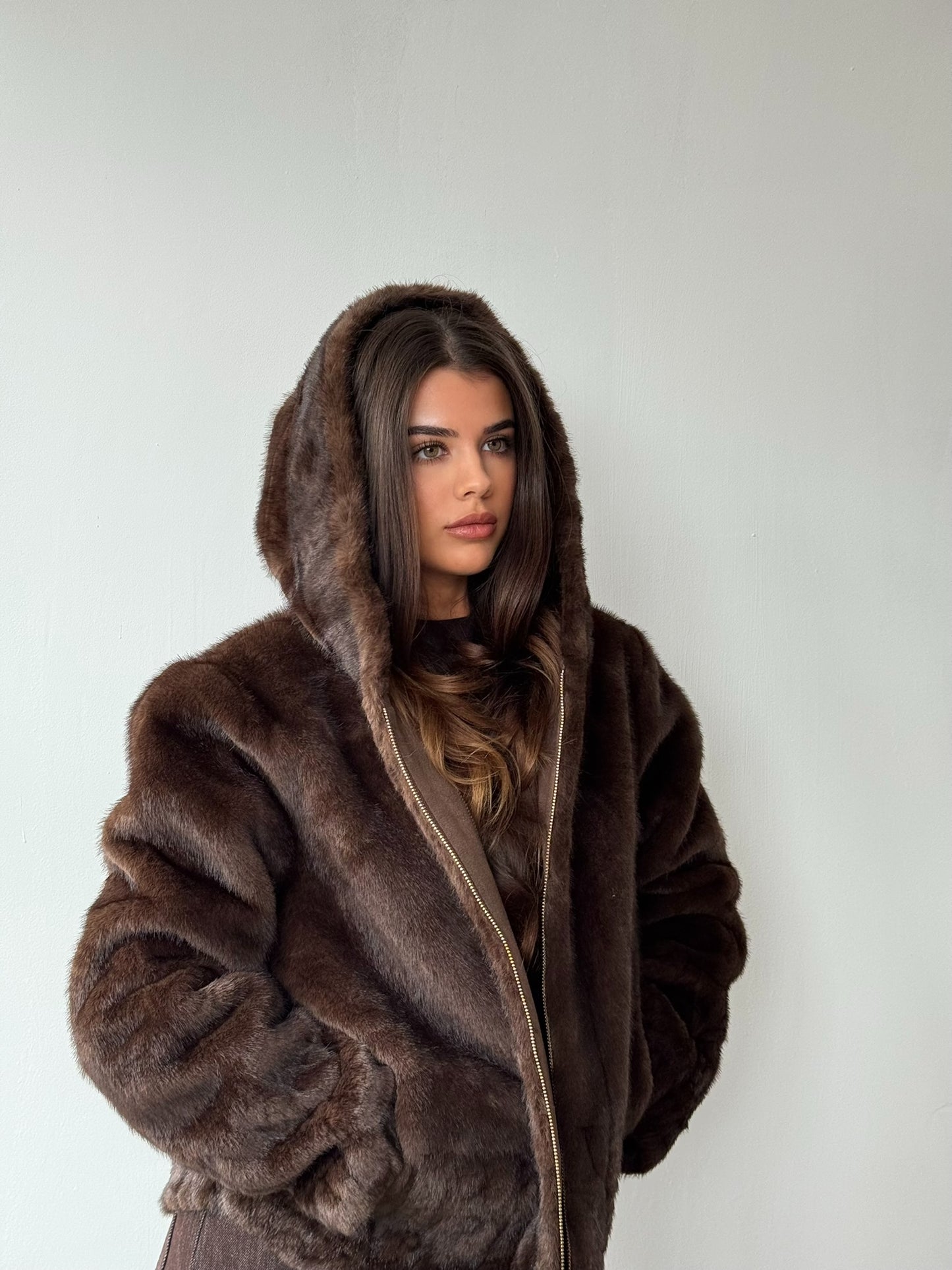Faux Fur Zip Up Jacket with Hood - Chocolate