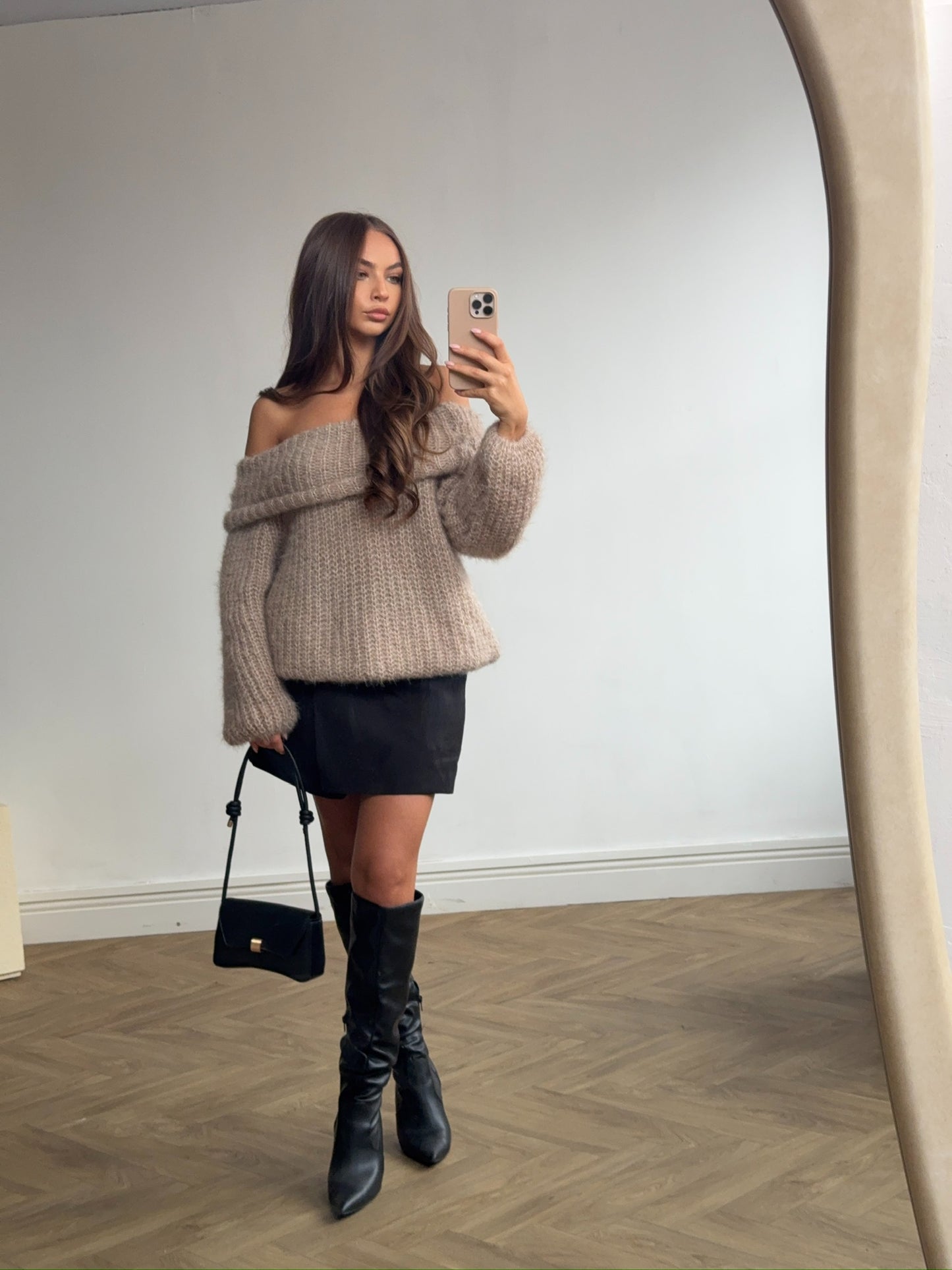 Off Shoulder Chunky Knit Jumper - Beige