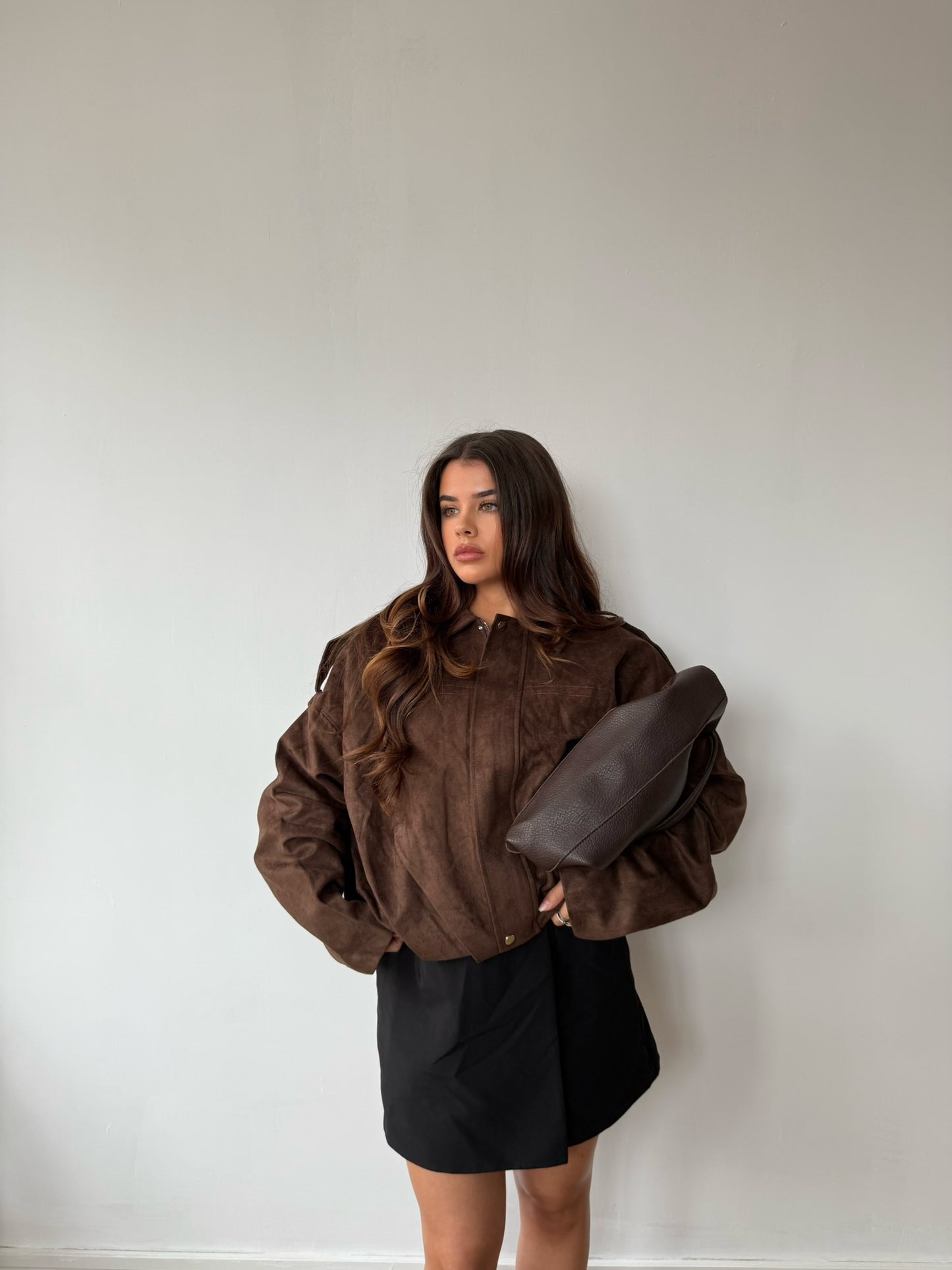 Suede Style Bomber Jacket - Chocolate