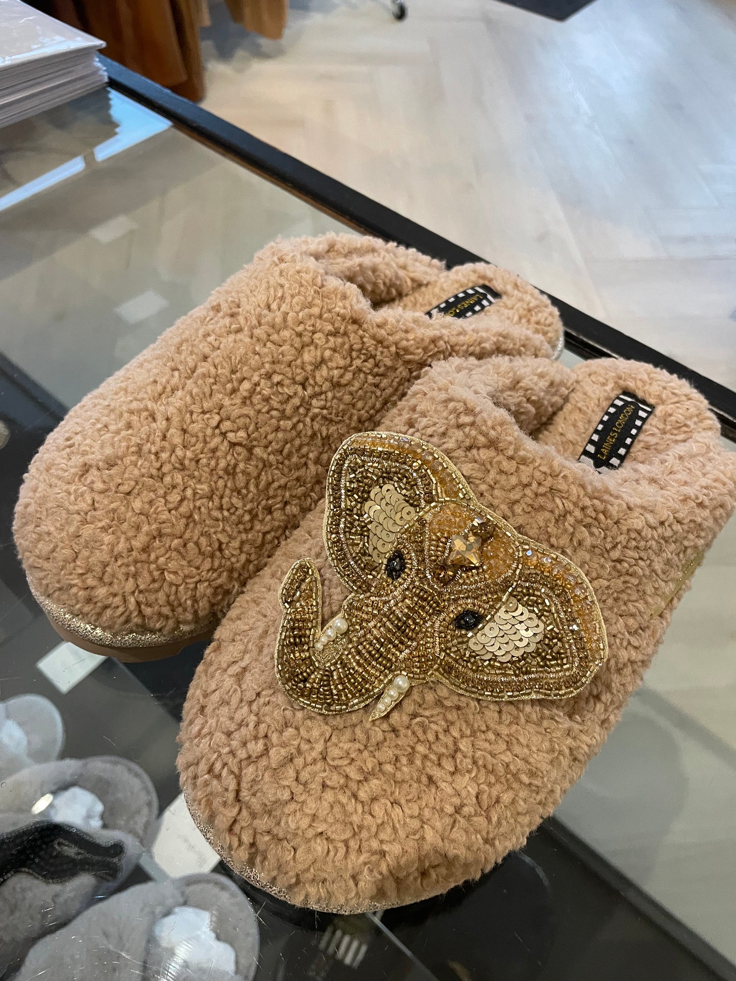 Beige closed toe elephant slippers