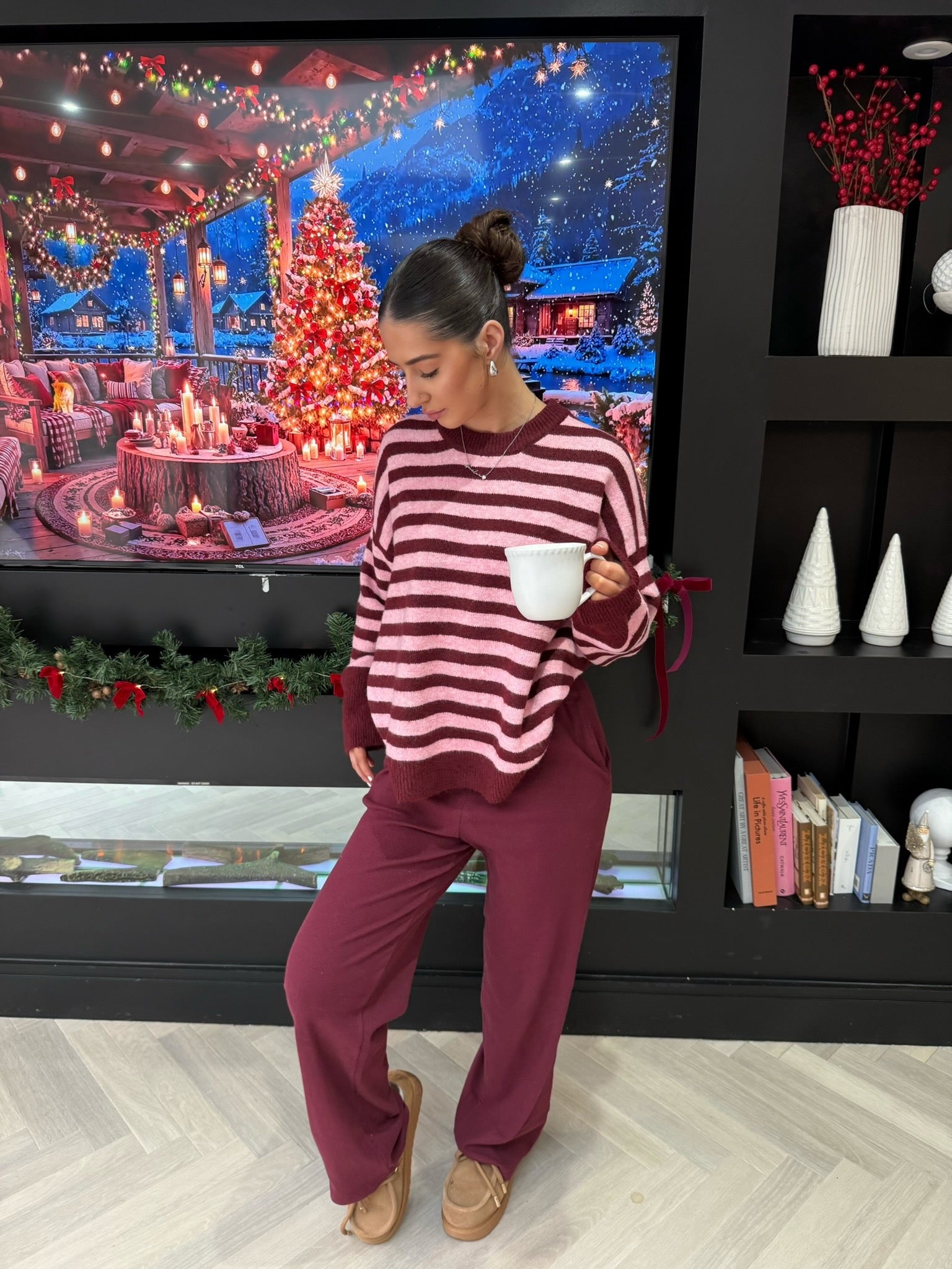 Cashmere Mix High Neck Jumper in Burgundy & Pink Checkerboard