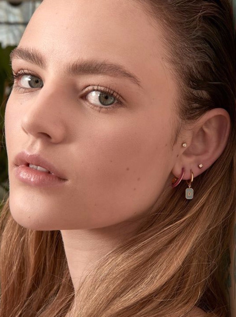 Powder Blue Enamel Emblem Gold Hoop Earrings