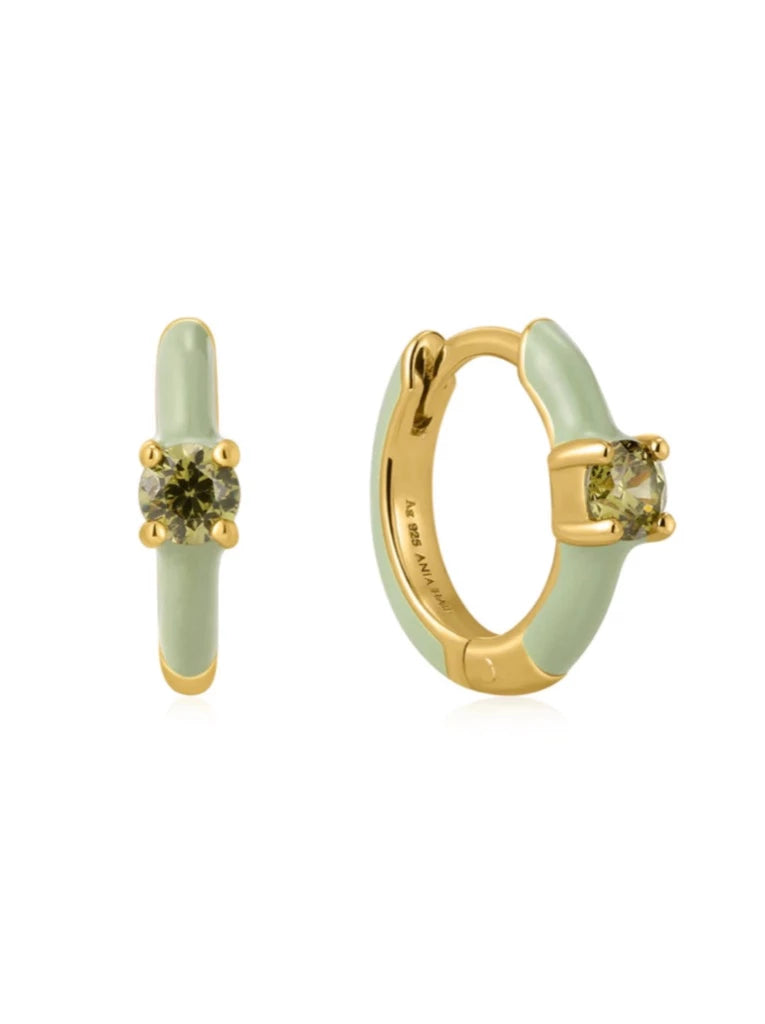 Sage Enamel Gold Huggie Hoop Earrings