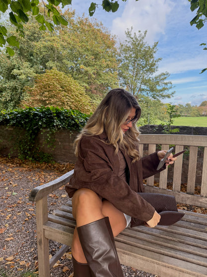 Suede Style Bomber Jacket - Chocolate