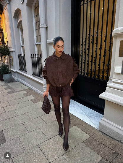 Suede Style Bomber Jacket - Chocolate