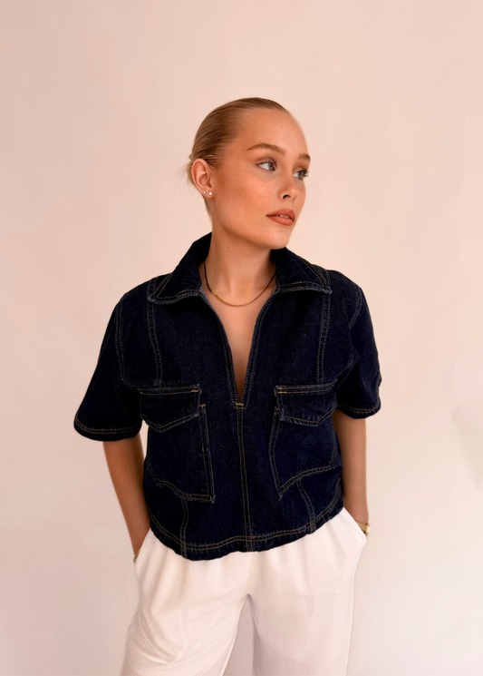 Cropped Denim Shirt - Dark Blue