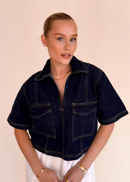 Cropped Denim Shirt - Dark Blue