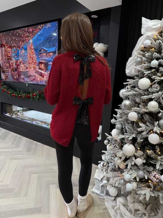 Jumper with Sequin Bow Detail - Red/Black