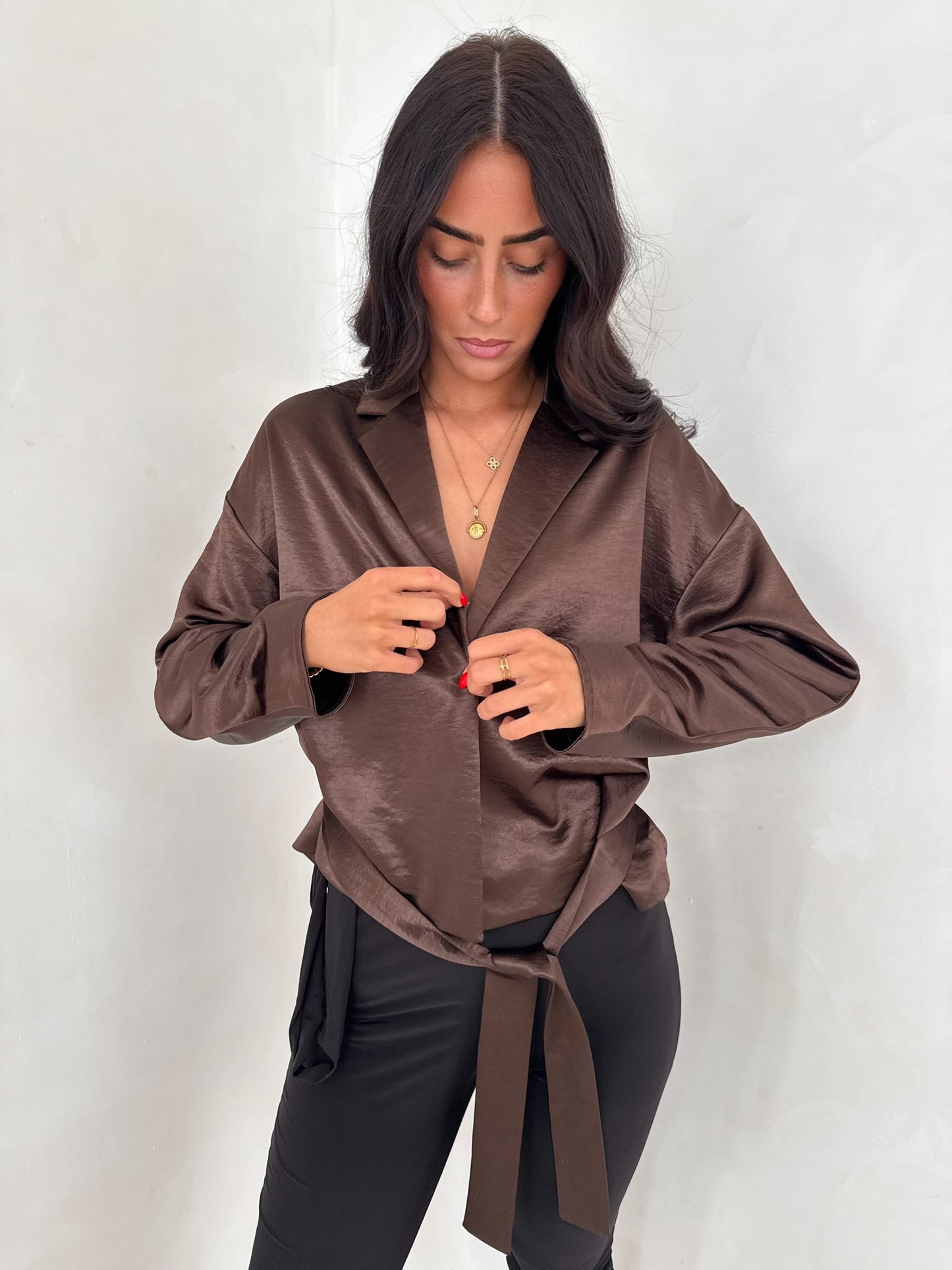 Satin Tie Waist Blazer - Chocolate