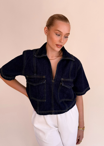 Cropped Denim Shirt - Dark Blue