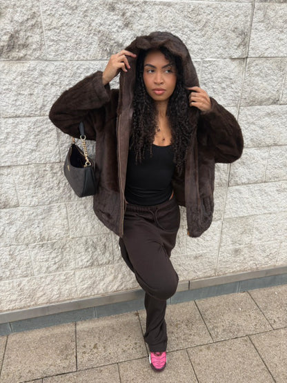 Faux Fur Zip Up Jacket with Hood - Chocolate