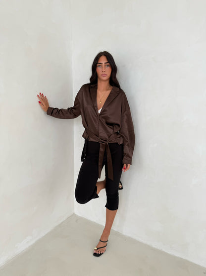 Satin Tie Waist Blazer - Chocolate
