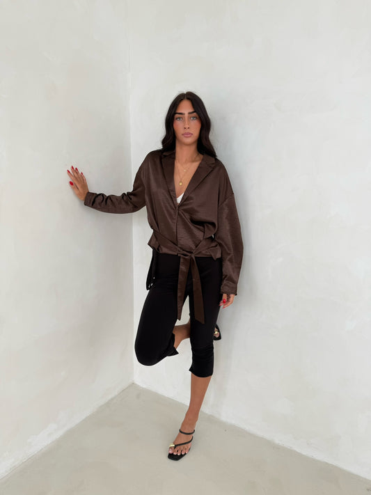 Satin Tie Waist Blazer - Chocolate