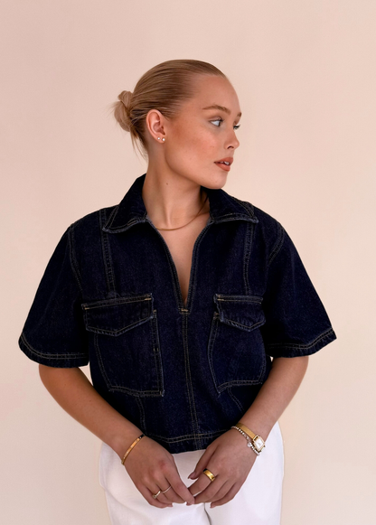 Cropped Denim Shirt - Dark Blue