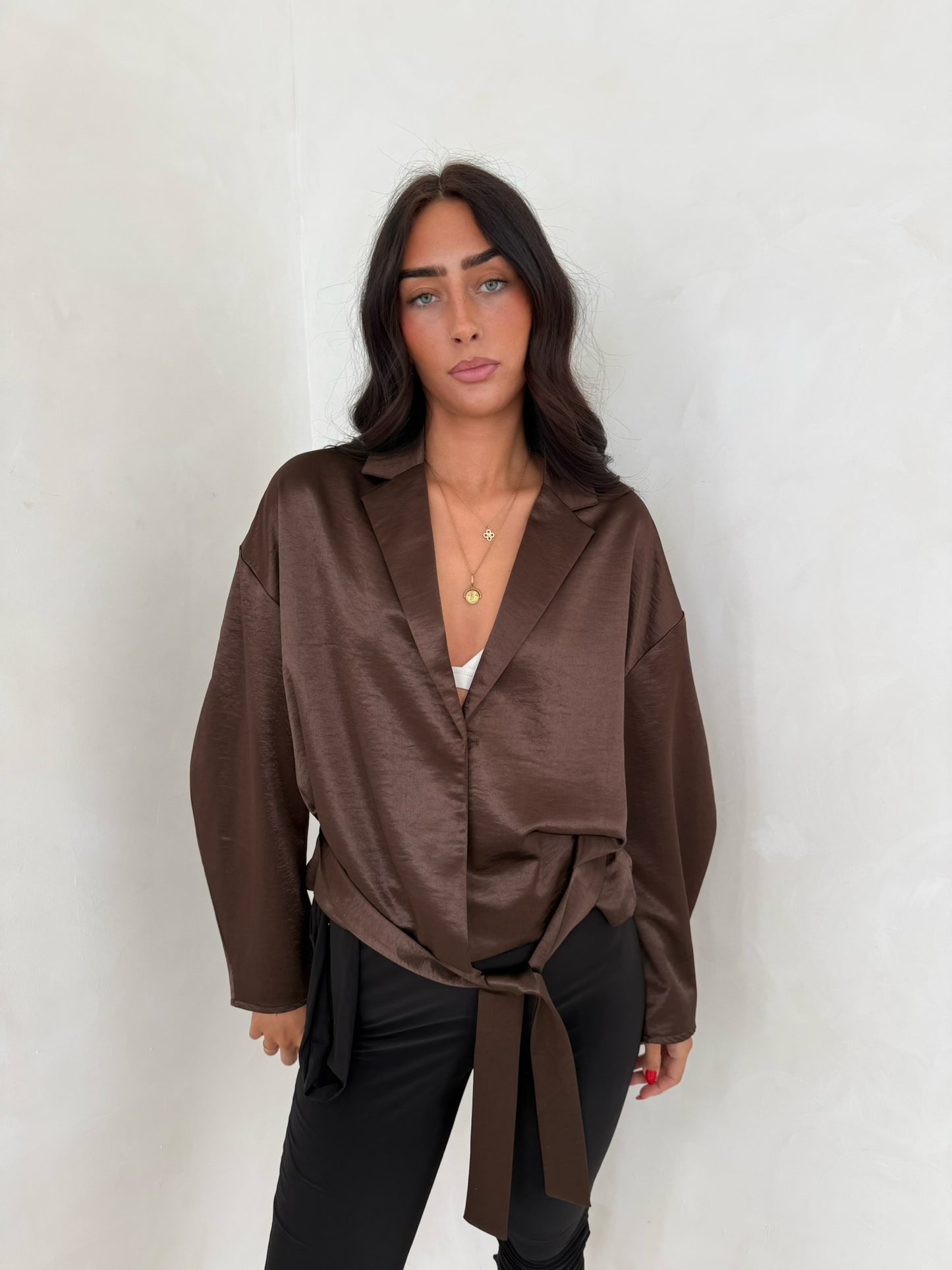 Satin Tie Waist Blazer - Chocolate