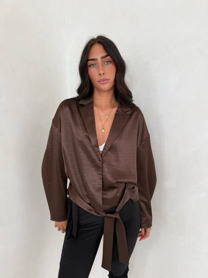 Satin Tie Waist Blazer - Chocolate