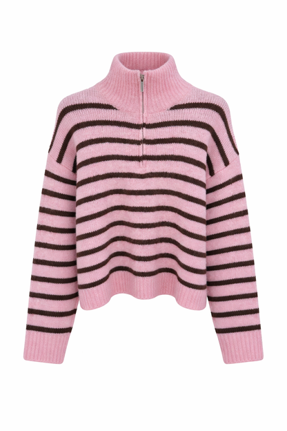 Stripe Quarter Zip - Pink/Chocolate