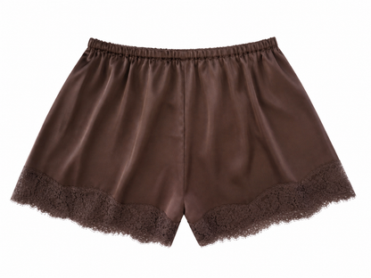 Satin Short with Lace Trim - Chocolate
