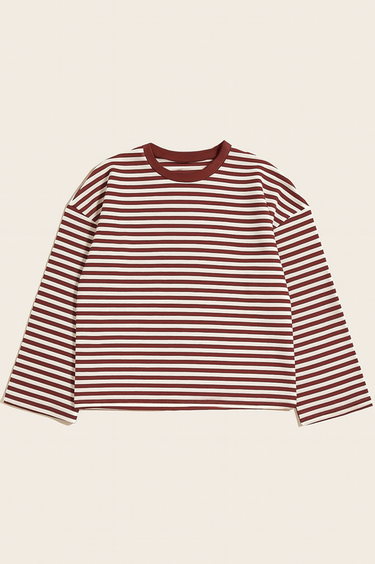 Boxy Long Sleeve Stripe Tee - Burgundy/Cream