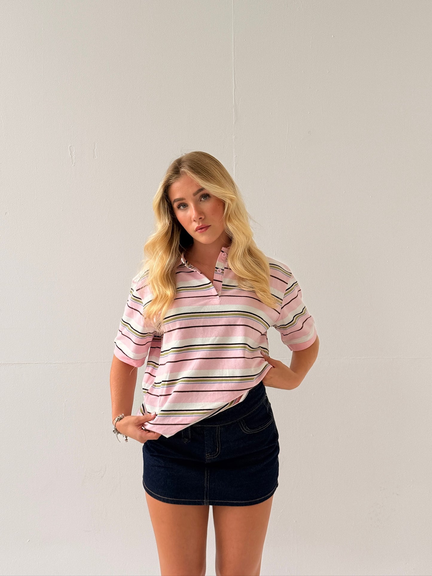 Short Sleeve Rugby Top - Baby Pink/White