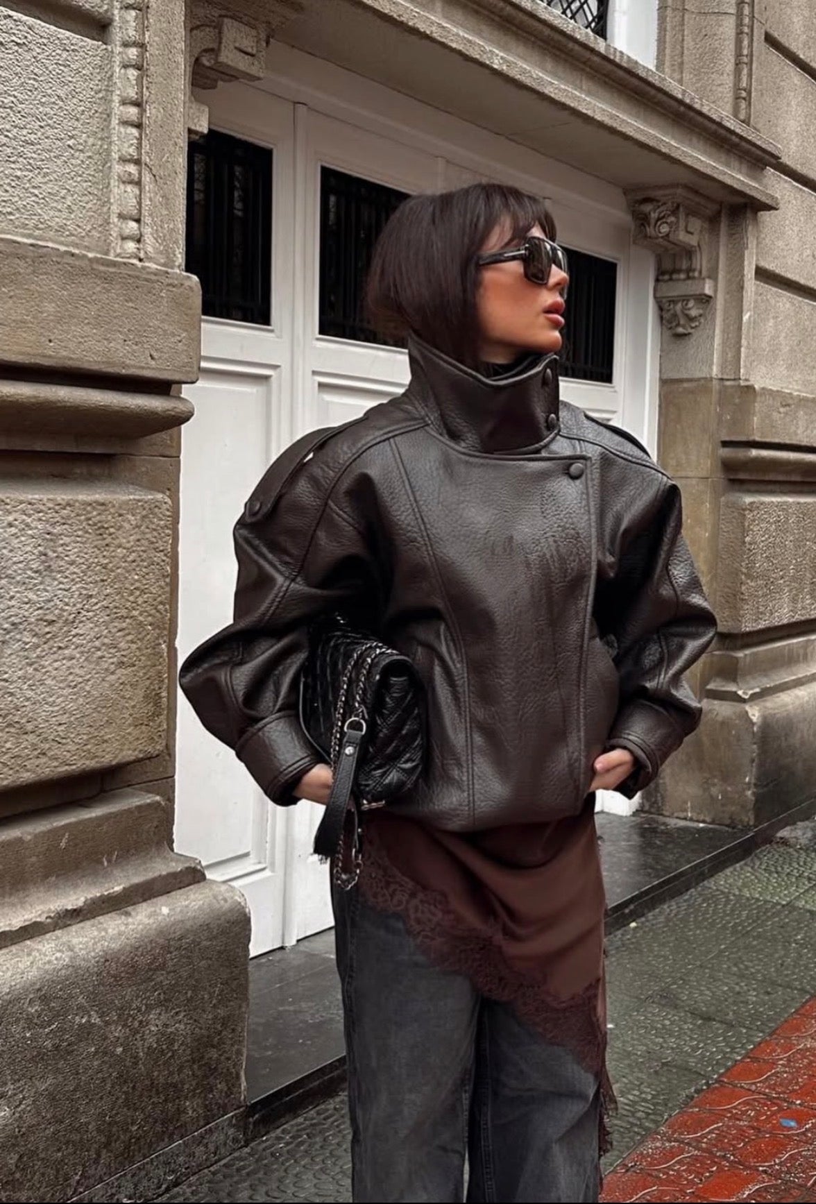 High Neck Faux Leather Jacket - Chocolate
