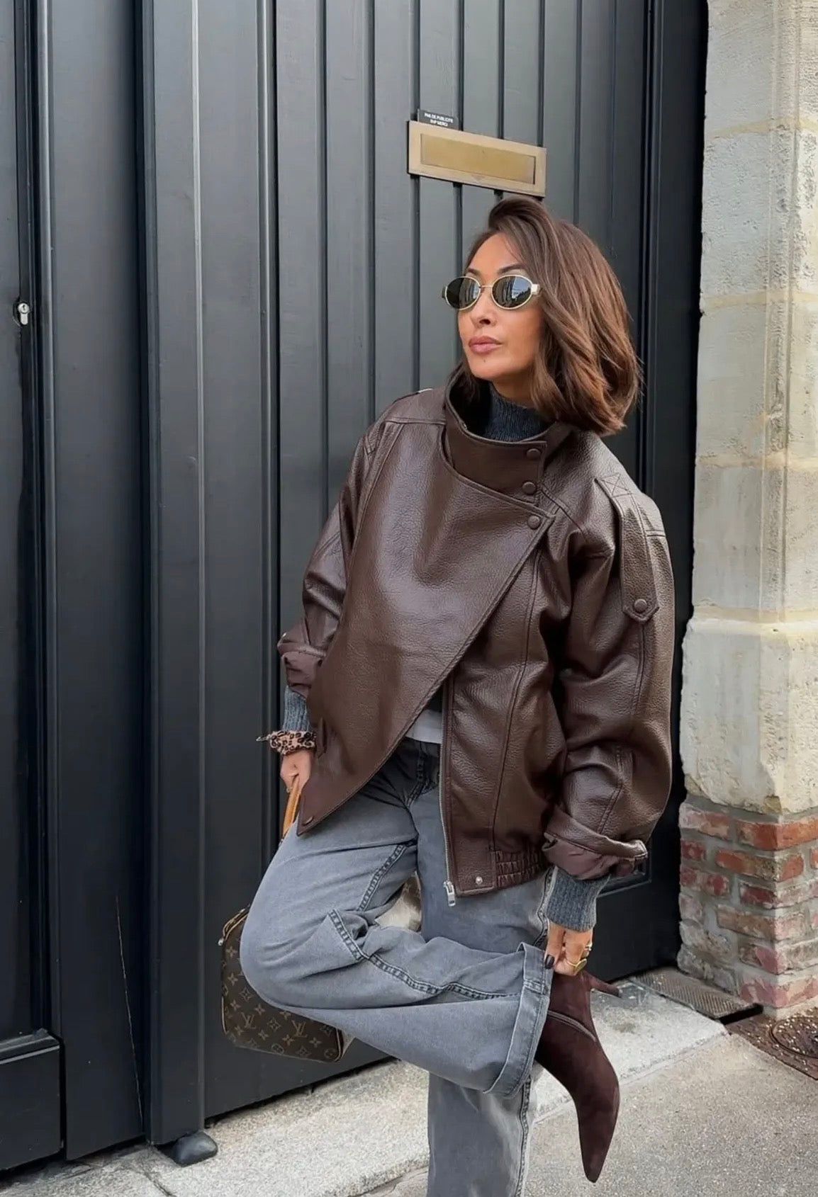 High Neck Faux Leather Jacket - Chocolate