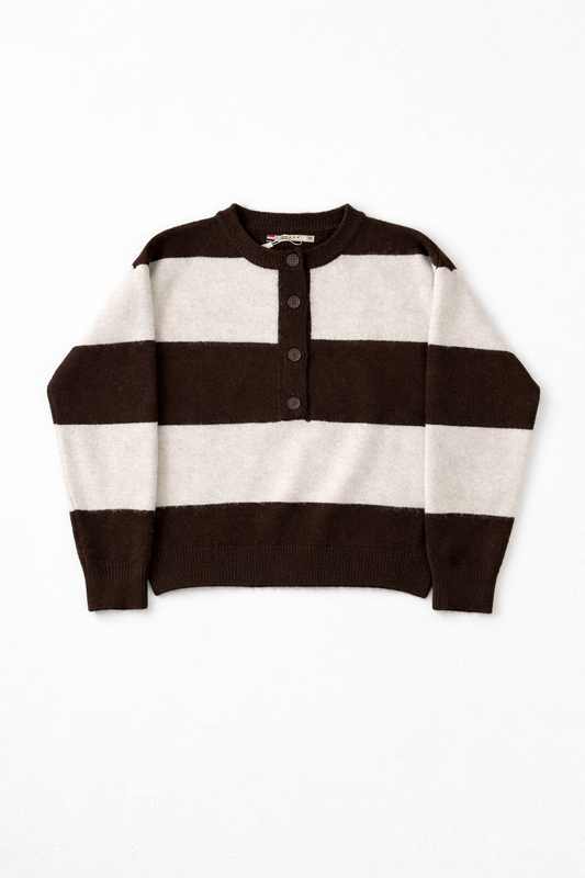 Striped Half Button Jumper - Chocolate/Cream