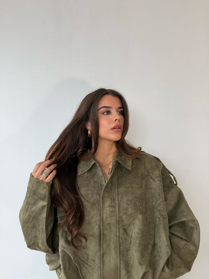 Suede Style Bomber Jacket - Khaki