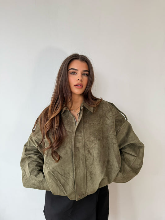 Suede Style Bomber Jacket - Khaki