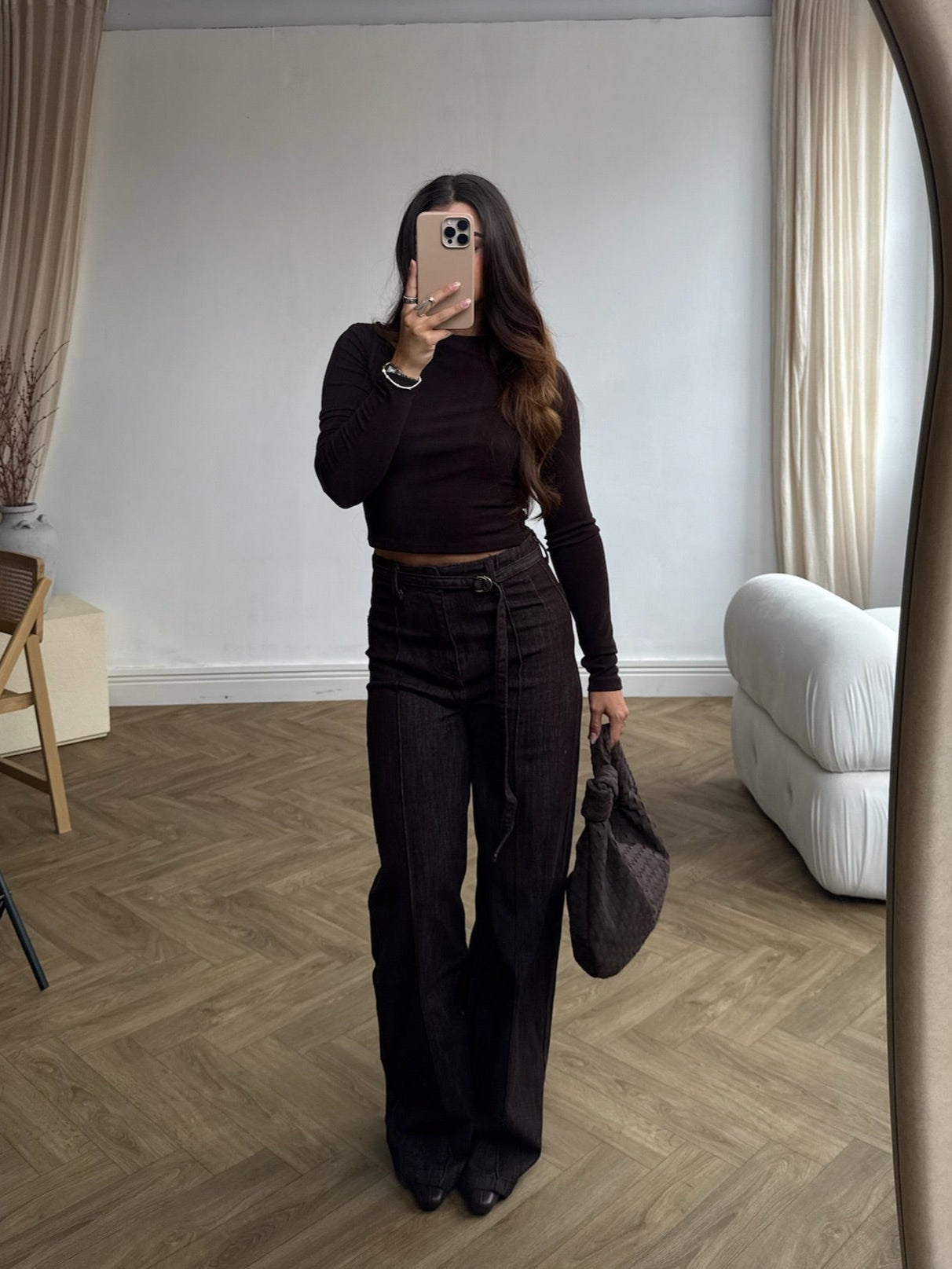 Long Sleeve Fine Knit Top - Chocolate