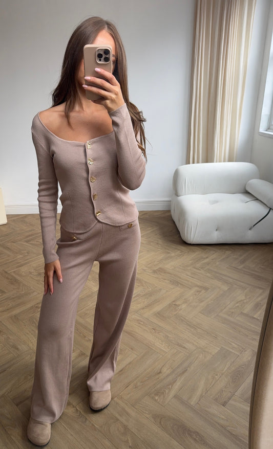 Knit Trousers Button Detail - Beige