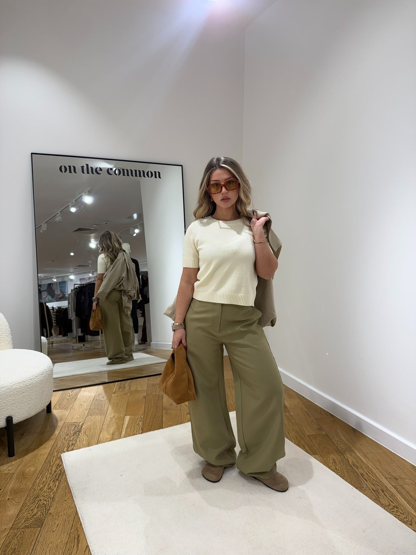 Pinstripe Button Hem Trouser - Khaki