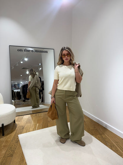 Pinstripe Button Hem Trouser - Khaki