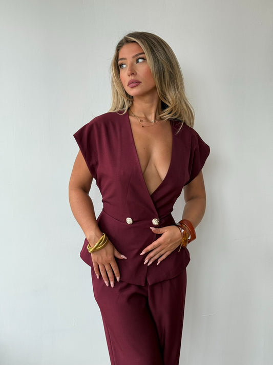 Tailored Top & Trouser Set - Burgundy